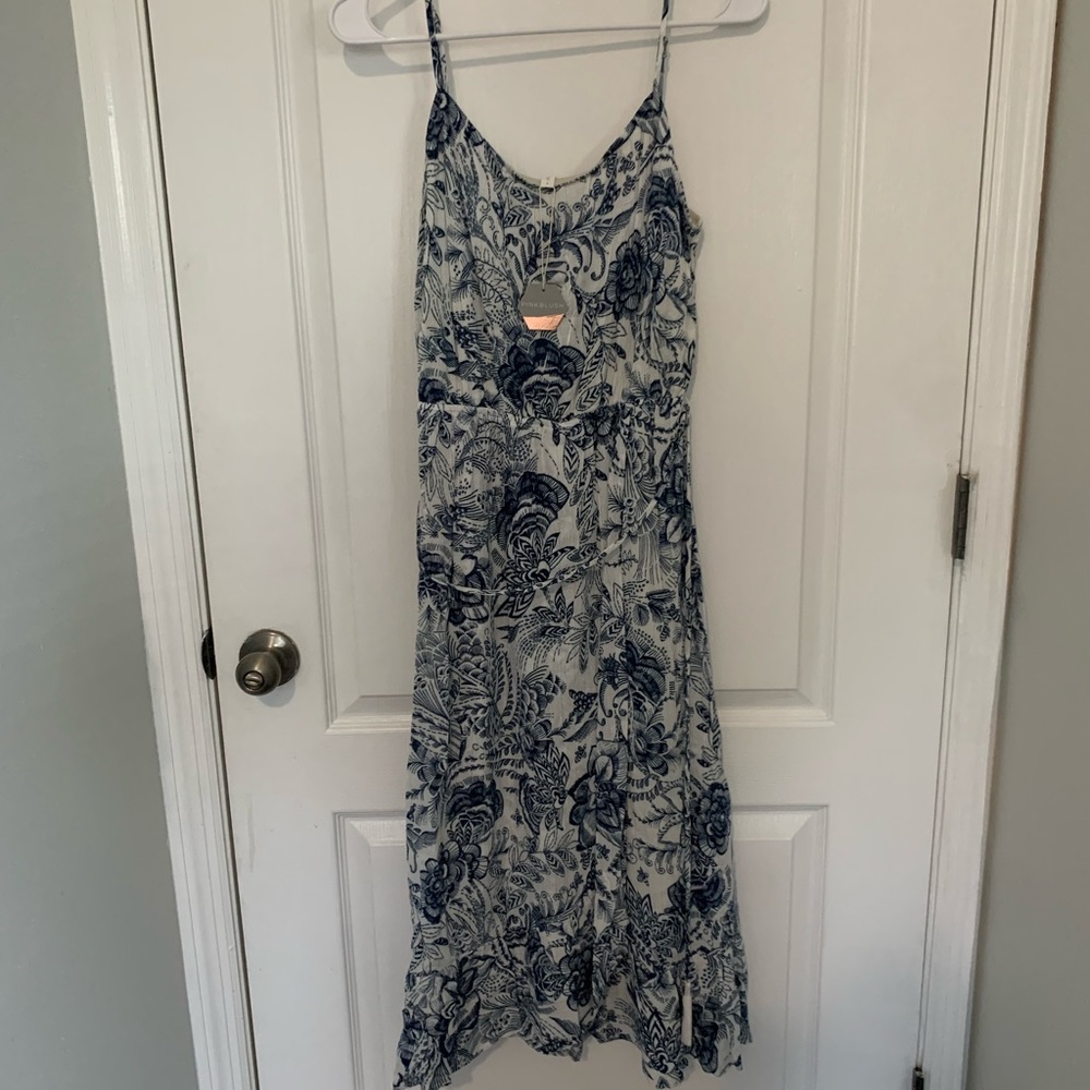 Navy Floral Tassel Tie Wrap Midi Dress